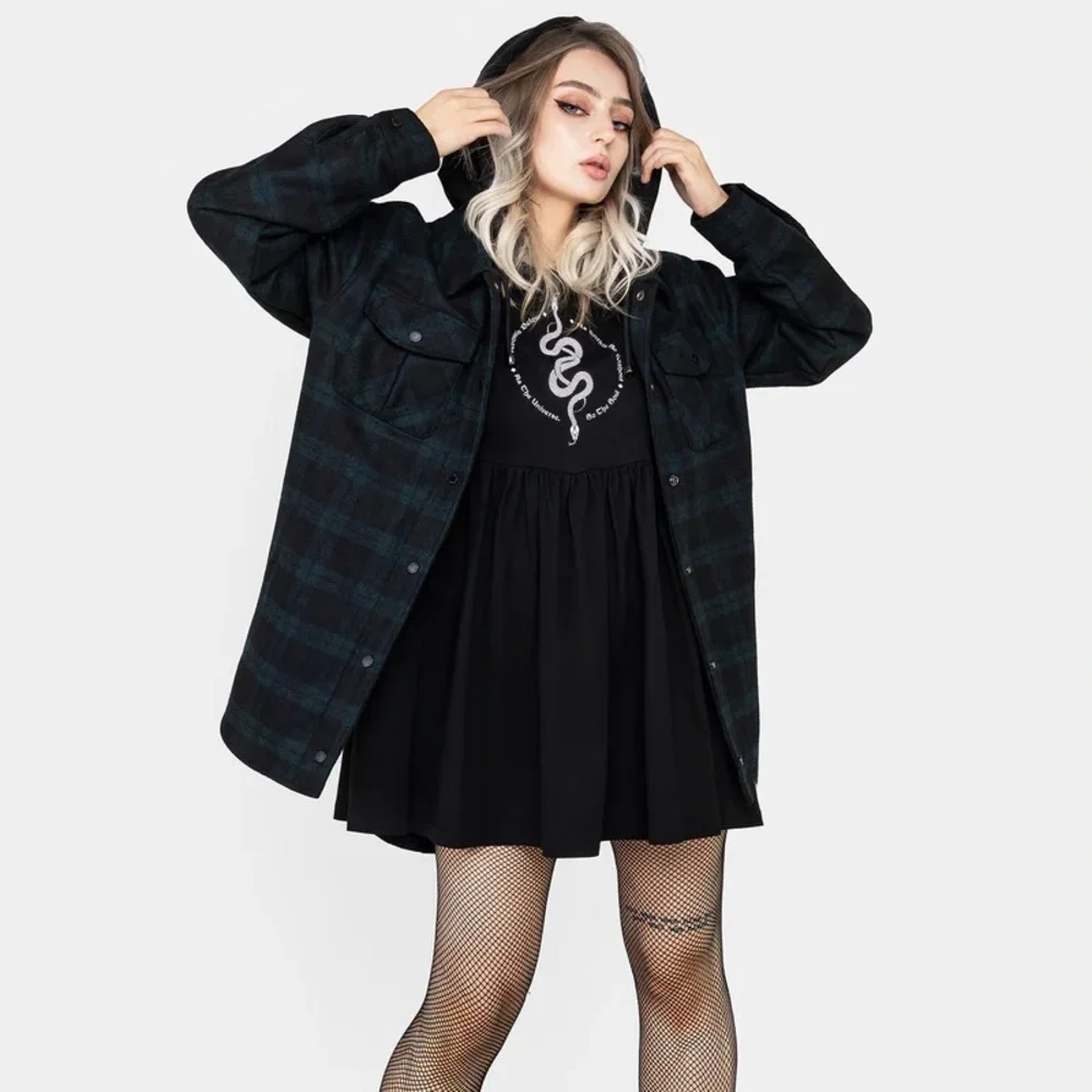Disturbia Trellis US6 Hooded pocket wool blend plaid check shacket goth - Picture 1 of 7